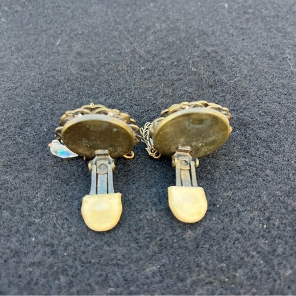 Vintage Banana Bob Bronze Iridescent Stone Dangle Clip On Earrings - Picture 10 of 12